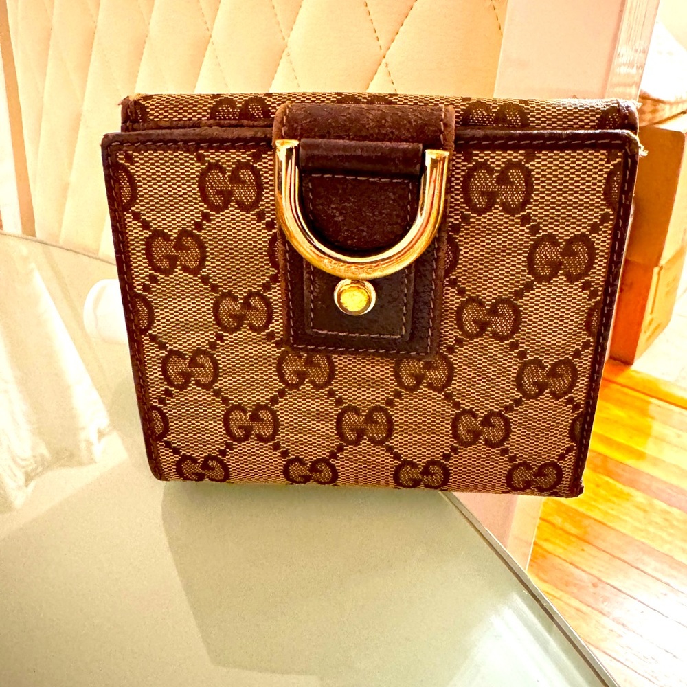 Gucci Brown Monogram Logo Canvas and Leather Compact Abbey Wallet Preowned
